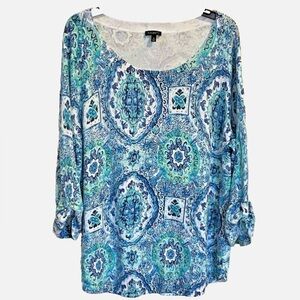 Talbots XL Blue Green Medallion Lightweight Tencel Cotton Sweater Top